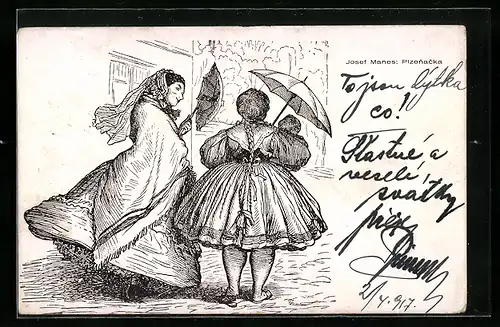 Künstler-AK sign. Josef Manes: Damen in Kleidern mit Schirmen