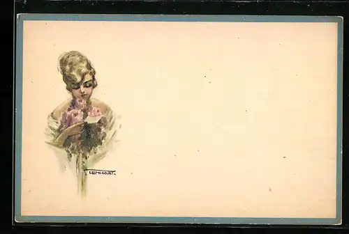 Künstler-AK sign. Lenhart: Schönes Fräulein liest die Karte eines Blumenstrausses