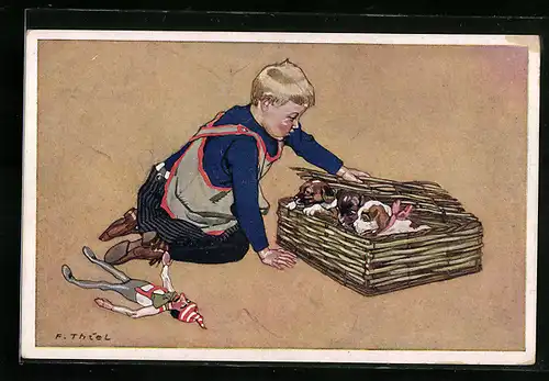 Künstler-AK sign. F. Thiel: Kind mit Hundewelpen in einem Korb