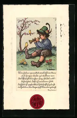 Künstler-AK sign. Fr. Bertram: Junge spielt Flöte auf einer Wiese