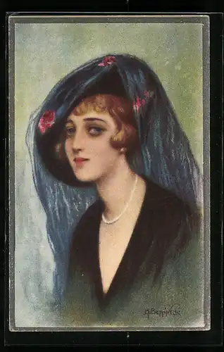 Künstler-AK sign.M. Bettinelli: blonde Frau mit auffälligem Hut, Art Deco