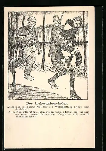 Künstler-AK sign. Karl Arnold: Liebesgaben-Inder, Gefangener Soldat mit geschenkten Pulswärmern