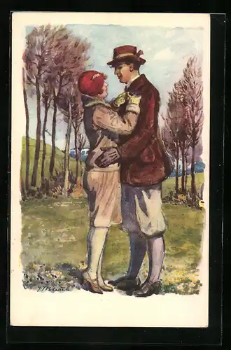 Künstler-AK sign. J. T. Blazek: Verliebtes Paar umarmt sich