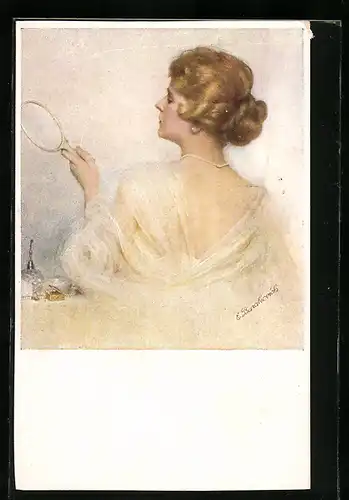 Künstler-AK sign. E. Barakovich: Dame betrachtet sich im Spiegel