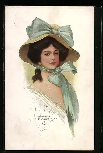 Künstler-AK sign. Taylor Platt: Brünette Schönheit mit türkiser Schleife auf dem Hut