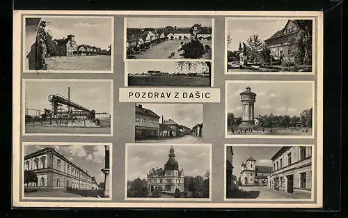 AK Dasice, auf dem Hauptplatz, an der Kirche, Passanten am Turm, Stadtvilla