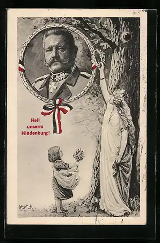 Künstler-AK Alfred Mailick: Mädchen und hübsche Frau huldigen Paul von Hindenburg