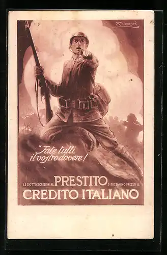 Künstler-AK Mauzan: Prestito Credito italiano, Soldat auf Schlachtfeld, Kriegsanleihe