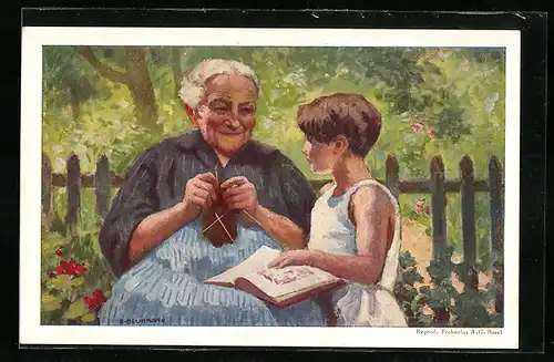 AK Schweizer Bundesfeier 1928, Grossmutter beim Stricken mit Enkel
