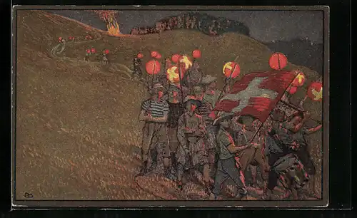 AK Schweizer Bundesfeier 1912 - Umzug der Jugend mit Musik und Laternen
