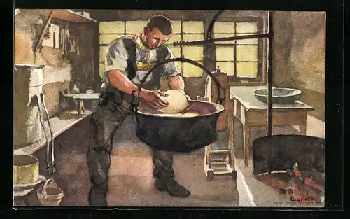 Künstler-AK Mann bei der Arbeit in der Küche - Schweizer Bundesfeier
