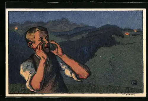 AK Schweizer Bundesfeier 1926, Knabe des Nachts in die Berge rufend