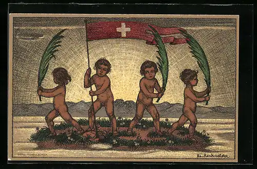 Künstler-AK Schweizer Bundesfeier 1916, vier nackte Kinder mit Schweizerfahne und Palmwedeln