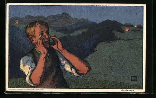 Künstler-AK Schweizer Bundesfeier 1926, Knabe ruft in die Nacht hinaus