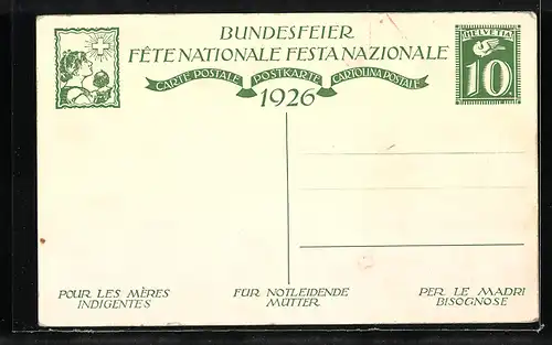 Künstler-AK Schweizer Bundesfeier 1926, Knabe ruft in die Nacht hinaus