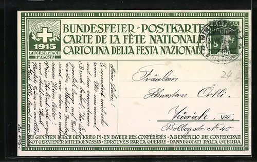 Künstler-AK Schweizer Bundesfeier 1915, Schweizerin begleitet Flüchtlinge