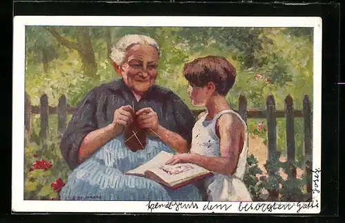 AK Schweizer Bundesfeier 1928, Grossmutter beim Stricken mit Enkel
