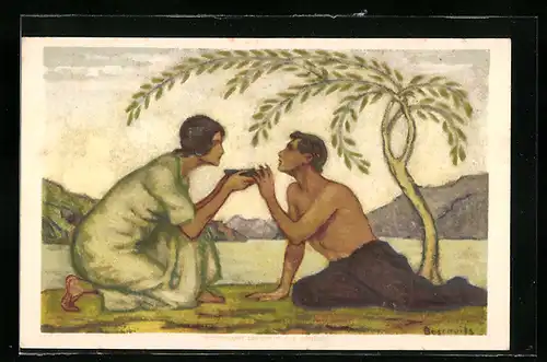 Künstler-AK Mann und Frau unter einem kleinen Weidenbaum - Schweizer Bundesfeier