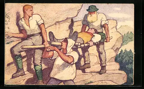 Künstler-AK Schweizer Bundesfeier 1921, Bergwacht des Roten Kreuzes bergen einen Verwundeten