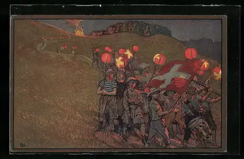 AK Schweizer Bundesfeier 1912 - Umzug der Jugend mit Musik und Laternen