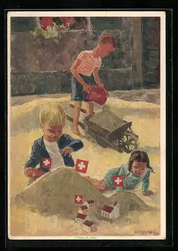 Künstler-AK Schweizer Rotes Kreuz, Kleine Kinder spielen im Buddelkasten, Bundesfeier 1937