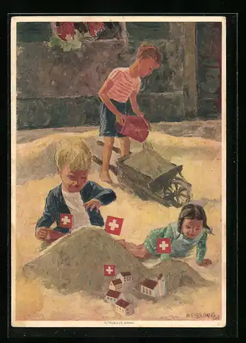 Künstler-AK Schweizer Rotes Kreuz, Kleine Kinder spielen im Buddelkasten, Bundesfeier 1937
