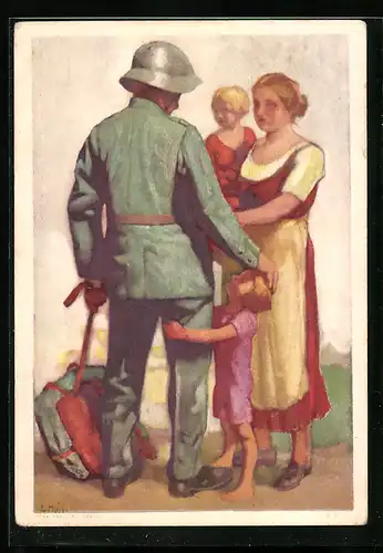 Künstler-AK Bundesfeier 1929, Schweizer Soldat mit Stahlhelm verabschiedet sich von Familie