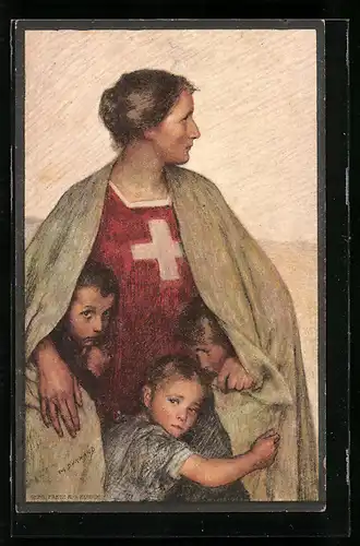 Ganzsache-AK Schweizer Bundesfeier 1917, Rotes Kreuz, Helvetia beschützt Kinder unter ihrem Mantel