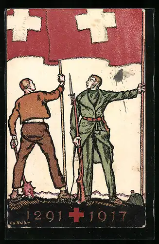 Künstler-AK Schweizer Bundesfeier 1917, Soldaten mit schweizer Fahne