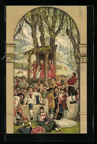 Künstler-AK Schweizer Bundesfeier 1918, Für unsere Soldaten, Predigt unter freiem Himmel