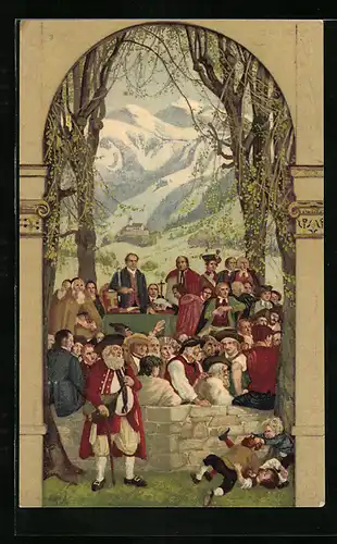 Künstler-AK Schweizer Bundesfeier 1918, Kinder kämpfen beim Fest