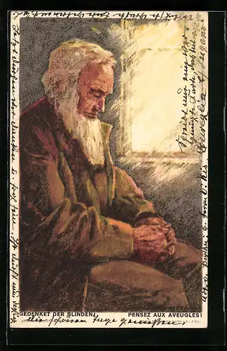 AK Schweizer Bundesfeier 1923 für unsere Blinden, Blinder Mann am Fenster sitzend