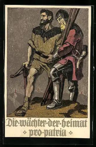 Ganzsache-AK Schweizer Bundesfeier 1910, Die Wächter der Heimat, Zwei Männer mit Armbrust und Speeren