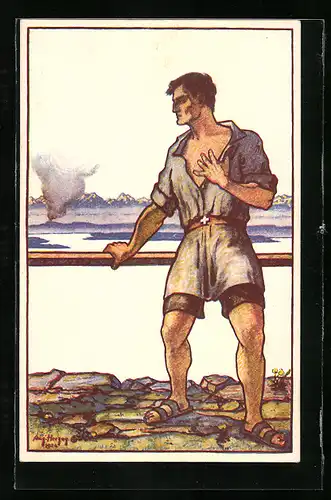 Künstler-AK Schweizer Bundesfeier 1924, Mann schaut zu den Bergen