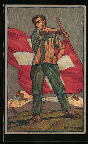 Ganzsache-AK Schweizer Bundesfeier 1912, Mann mit Schweizer Fahne in Sandalen