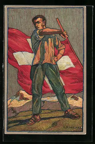 Ganzsache-AK Schweizer Bundesfeier 1912, Mann mit Schweizer Fahne in Sandalen