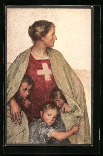 Ganzsache-AK Schweizer Bundesfeier 1917, Rotes Kreuz, Helvetia beschützt Kinder unter ihrem Mantel