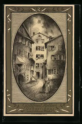 Künstler-AK Schweizer Bundesfeier, Gottfried Keller's Geburtshaus Zum Goldenen Winkel