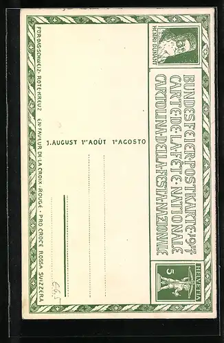 Ganzsache-AK Schweizer Bundesfeier 1917, Rotes Kreuz, Helvetia beschützt Kinder unter ihrem Mantel