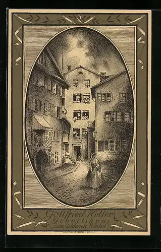 Künstler-AK Schweizer Bundesfeier, Gottfried Keller's Geburtshaus Zum Goldenen Winkel