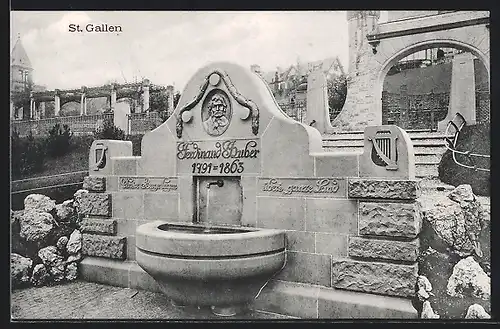 AK St. Gallen, Brunnen mit Gedenktafel Ferdinand Huber