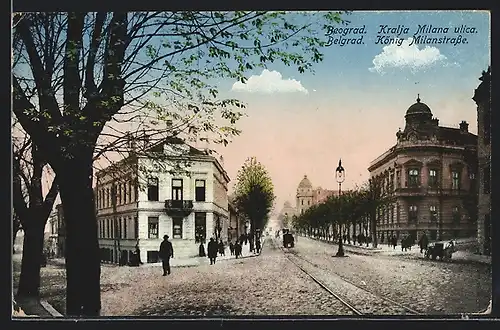 AK Belgrad, König Milanstrasse mit Passanten