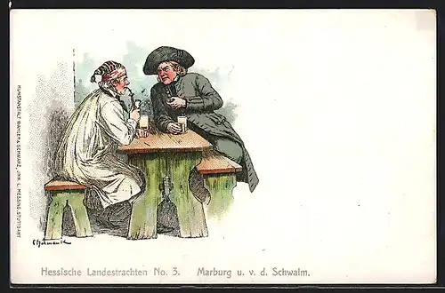 Lithographie Marburg, Männer in hessischen Landestrachten aus Marburg u. v. d. Schwalm