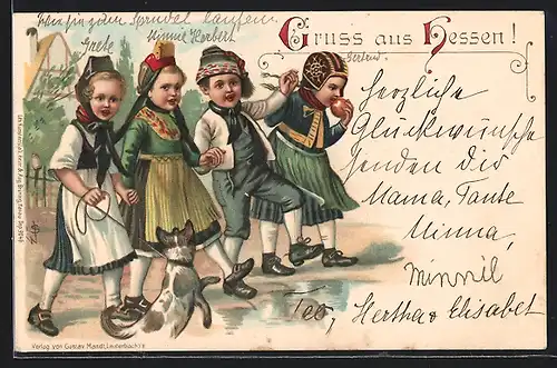 Künstler-AK Kinder in hessischer Tracht mit Hund