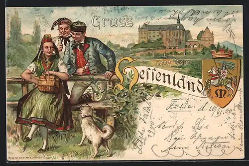 Lithographie Gruss aus dem Hessenland, Frau und zwei Männer in hessischer Tracht, Wappen