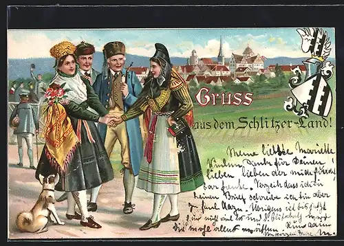 Lithographie Leute in hessischer Tracht aus dem Schlitzer Land, Wappen mit Ritterhelm