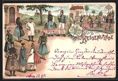 AK Gruss vom Hessenlande, Paare in hessischer Tracht beim Tanz