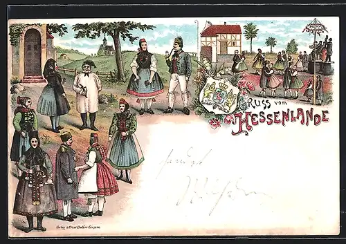 Lithographie Hessen in Tracht beim Kirchgang und beim Tanz