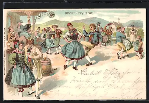 Lithographie Geselliger Tanz in Hessischer Tracht