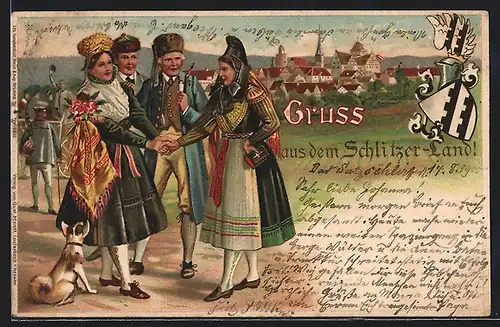Lithographie Leute in hessischer Tracht aus dem Schlitzer Land, Wappen mit Ritterhelm